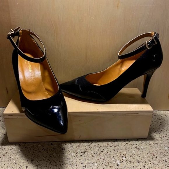 Black Patent Leather Ankle Strap Heels Size 6 Massimo Baldi - Picture 1 of 8